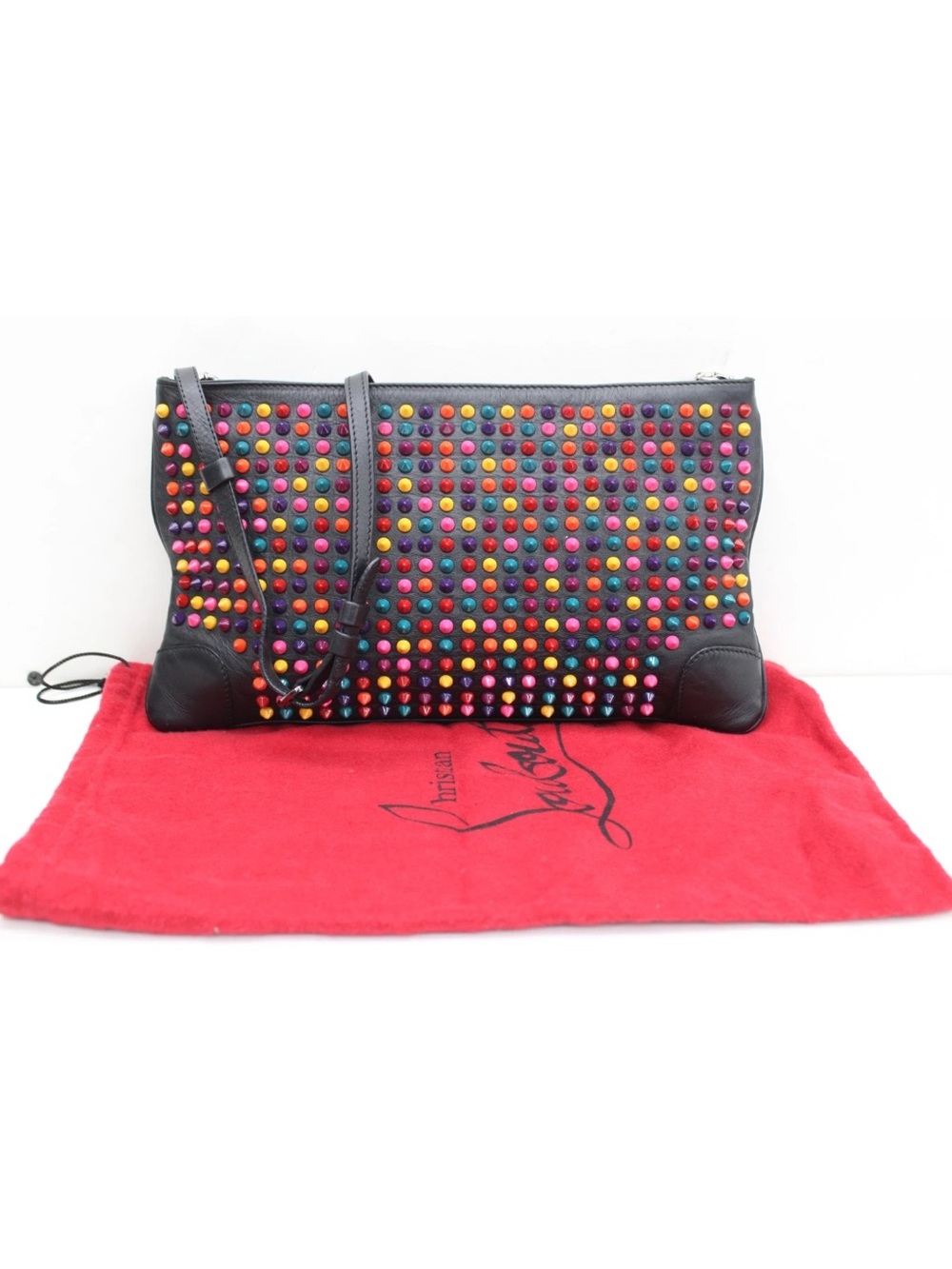 Christian Louboutin Black Leather Multicolor Studded Wristlet Clutch